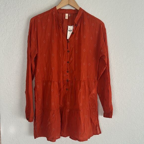 NEW Anthropologie Pilcro Tiered Tunic Top Rust Orange Boho Copper Button Aztec - Picture 5 of 8